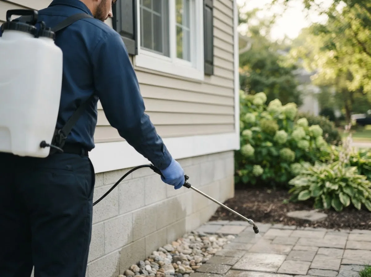 Pest control technician inspecting a home in Sims, AR